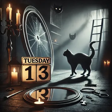 Martes 13 - Símbolos de la Mala Suerte y Supersticiones Imagen misteriosa con un gato negro, un espejo roto, una escalera y el número 13 en un ambiente oscuro, representando las supersticiones del martes 13.
